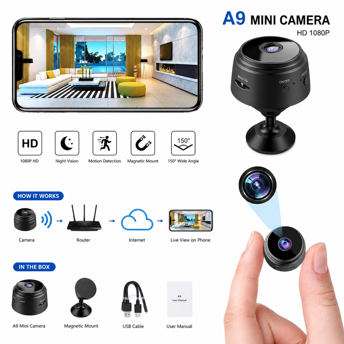 A9 Mini WiFi Security Camera HD 1080P product image 1