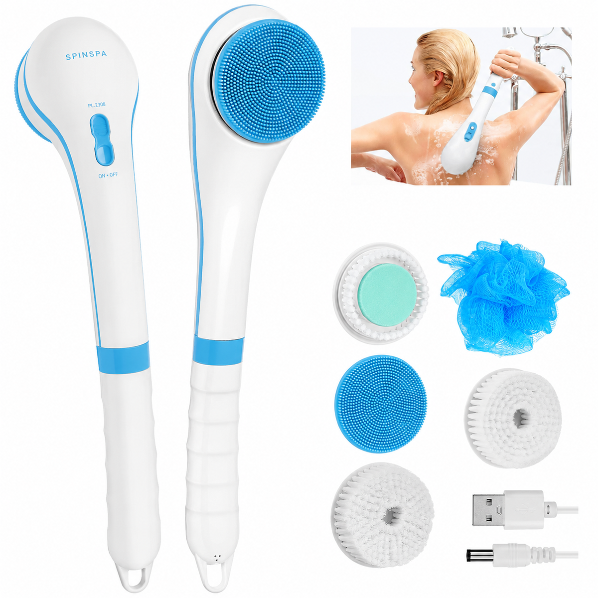 Electric Body Brush with Long Handle, Rechargeable Shower Back Scrubber product image 2
