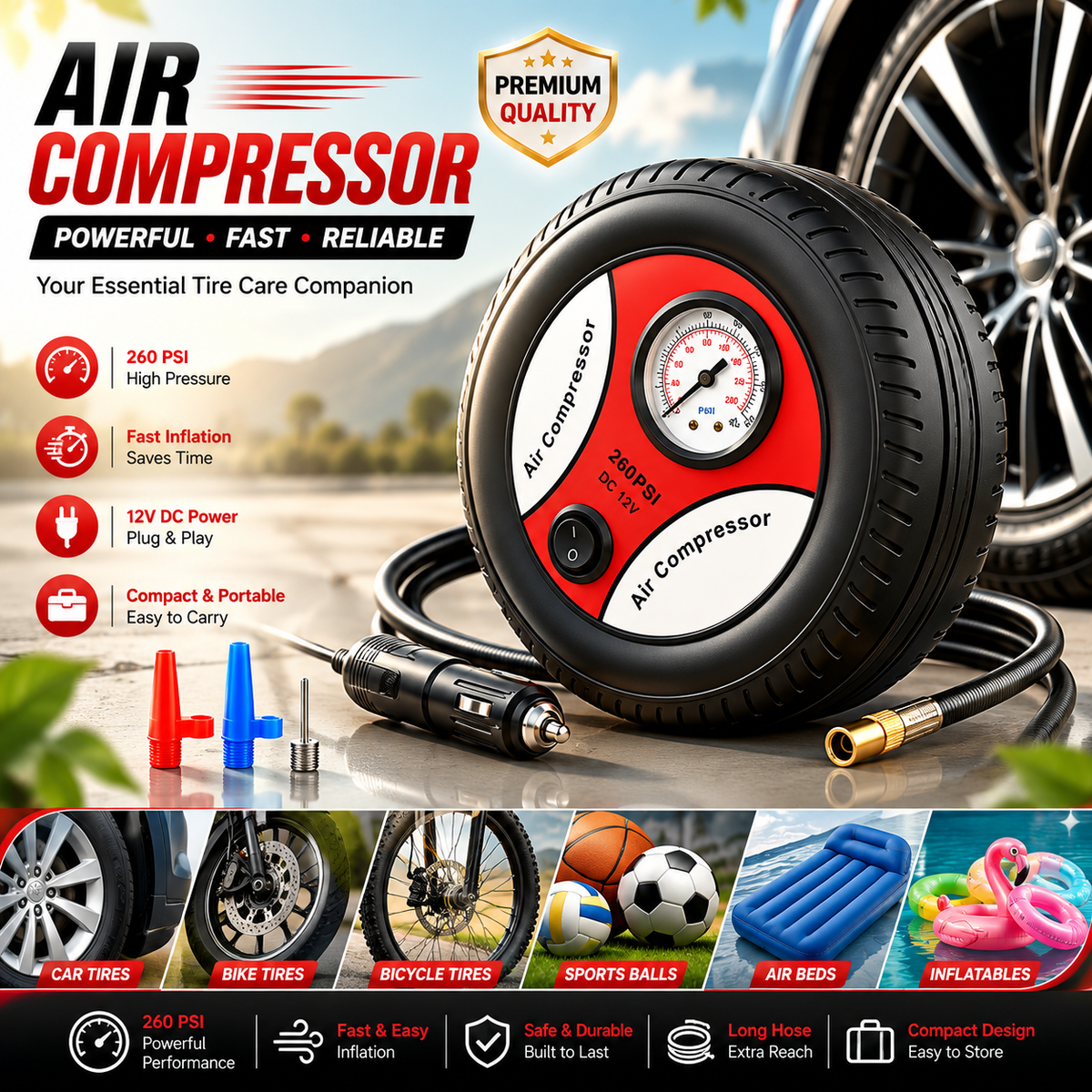 Portable 260 PSI DC 12V Electric Air Compressor Tire Inflator for Car product image 3