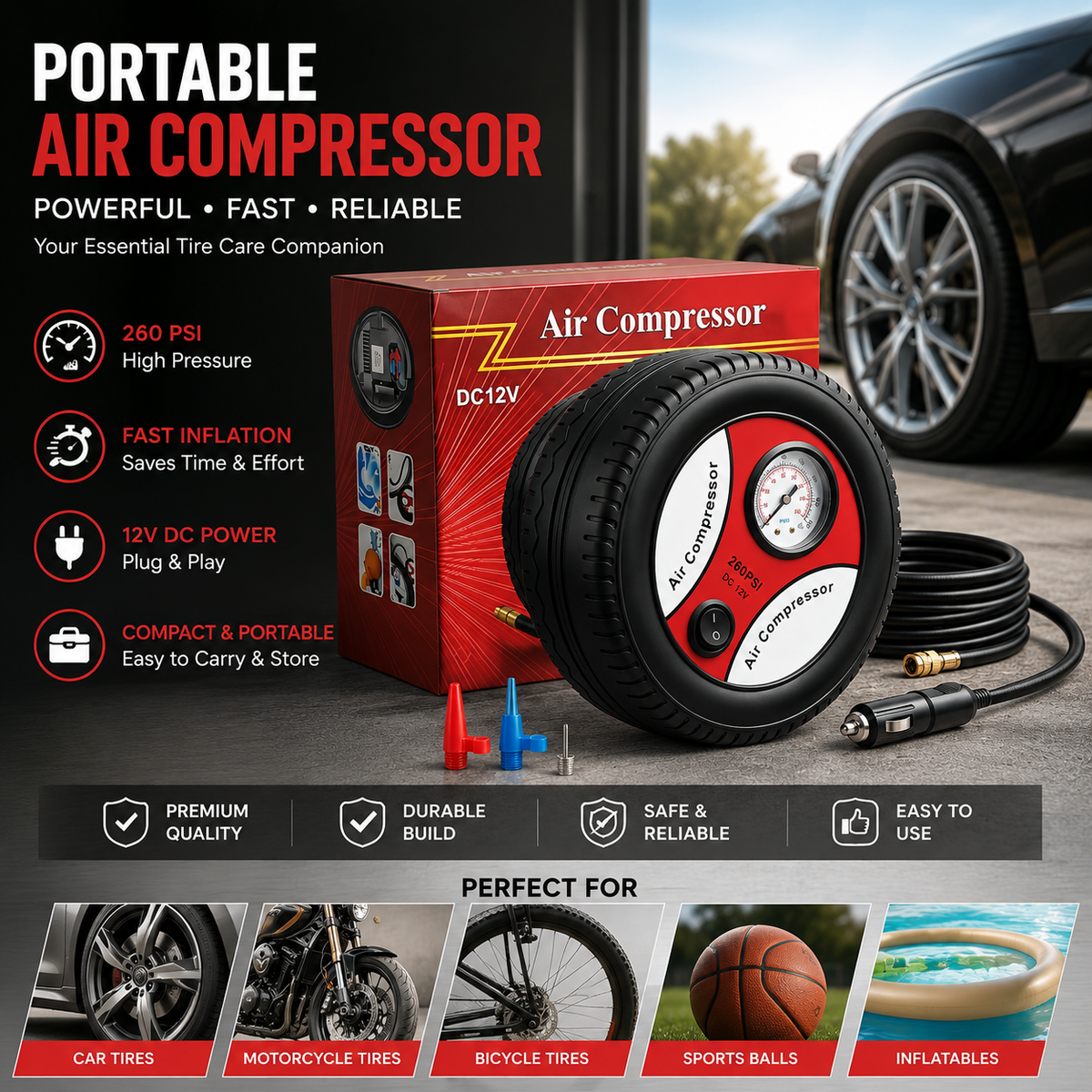 Portable 260 PSI DC 12V Electric Air Compressor Tire Inflator for Car product image 4