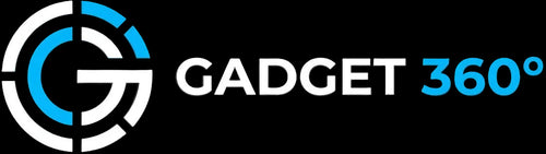 Gadget 360 logo on a solid black background, featuring a circular white and blue icon next to the text 'GADGET 360°' in white and blue.