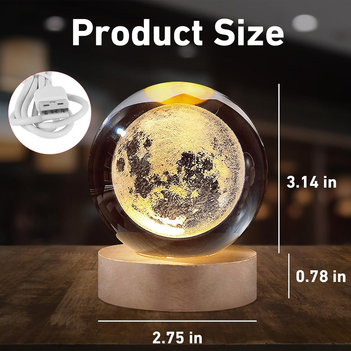 3D Crystal Ball Moon Lamp with Wooden LED Base product image 8