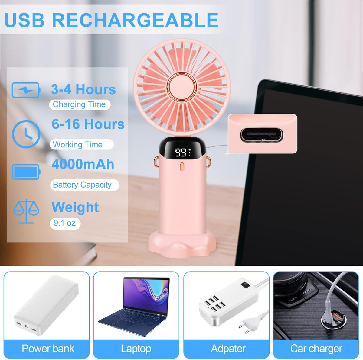 Portable Handheld Fan with 4000mAh Rechargeable Battery product image 6